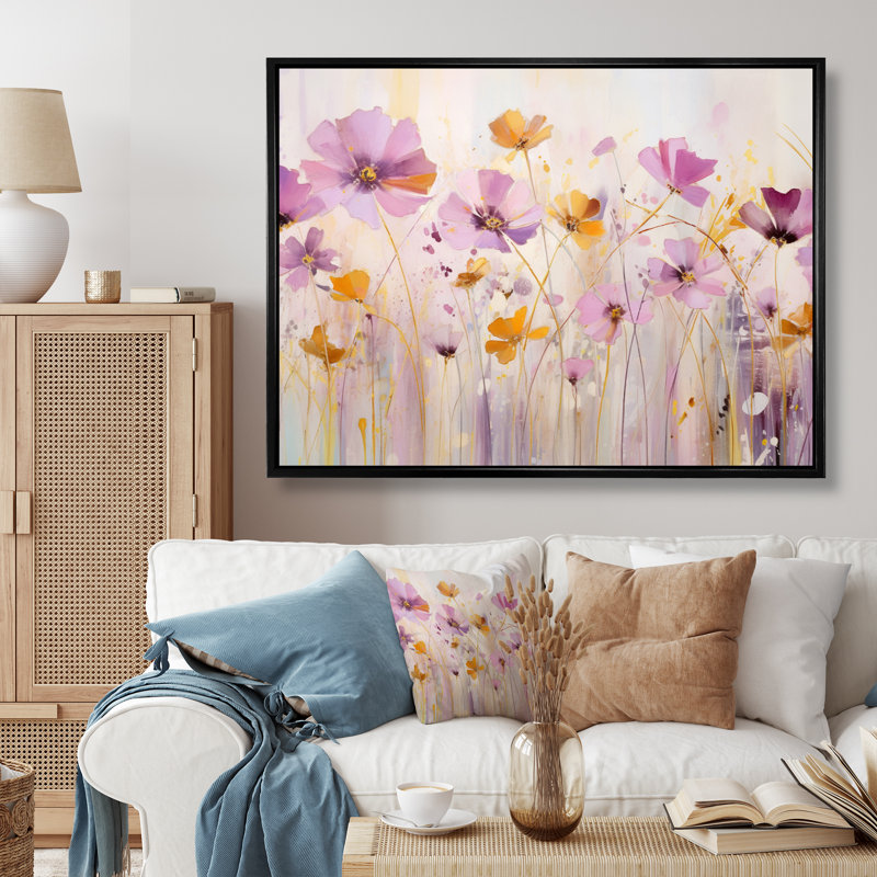 Fleurs fantaisistes roses II - impression, 24" H x 32" W, Cadre flottant noir