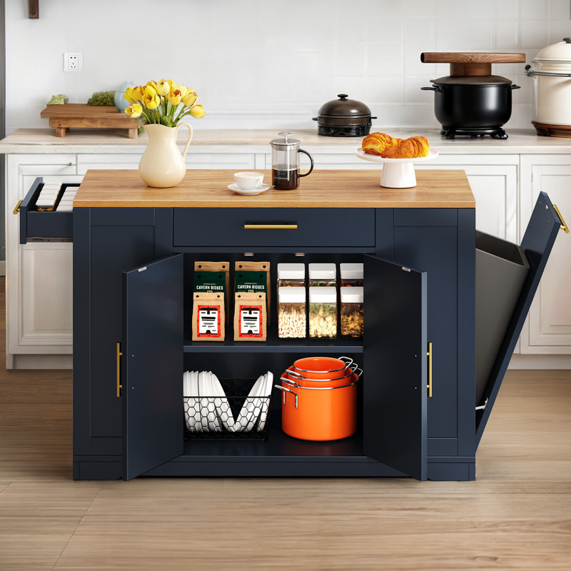 Cushing Rolling Kitchen Island with Wood Top & Trash Can Storage Cabinet, Navy Blue