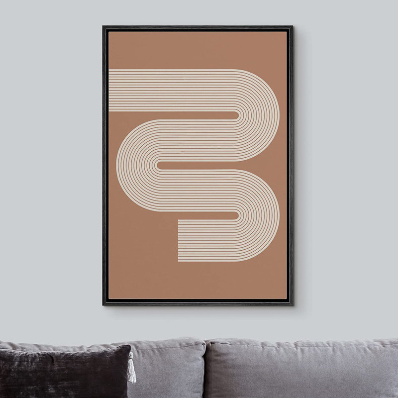 IDÉE4WALL, reproduction d'art sur toile encadrée, brun clair et brun, motif de vagues rétro, formes abstraites, illustrations, minimalisme, géométrique décoratif pour le salon, la chambre à coucher, le bureau
