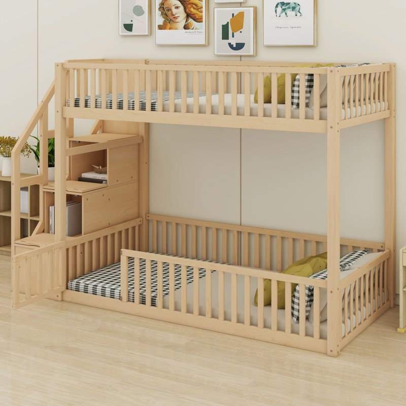 Lit superposé élégant avec rangement pour escalier intégré, Naturel