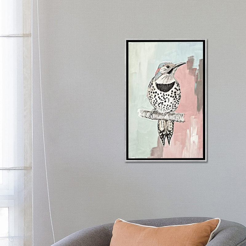 "Beige Woodpecker I" par Patricia Pinto, reproduction d’art, Pas de tapis, Toile avec cadre argenté