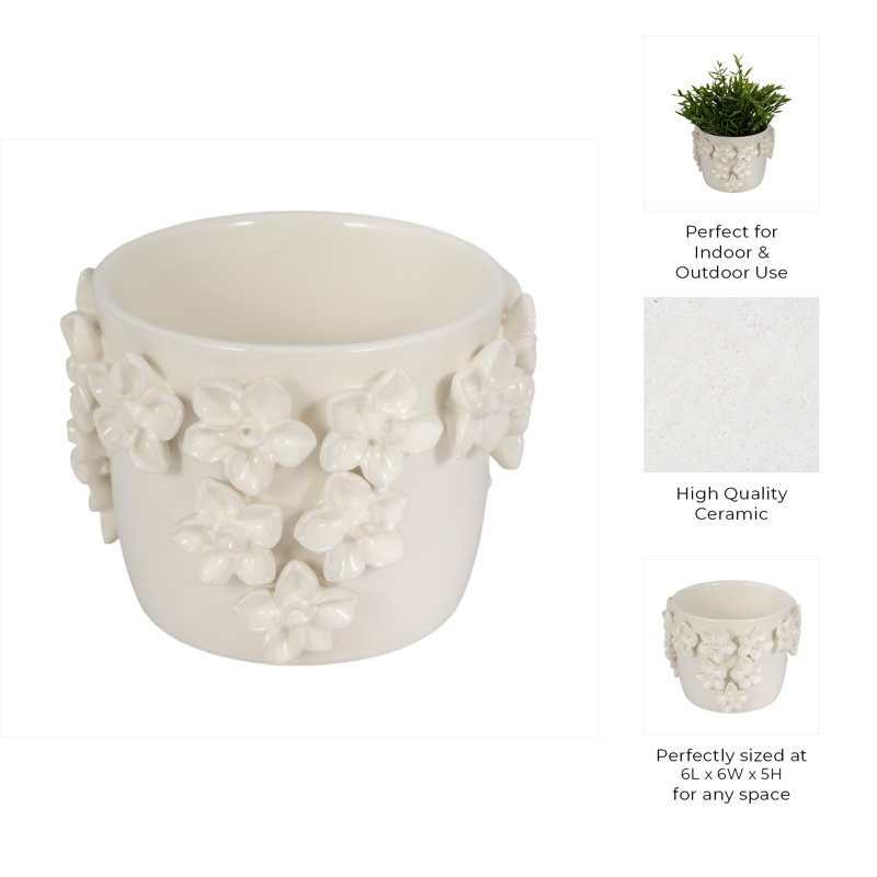 Sagebrook Home 7" Floral Applique Planter, White, 5" H x 6" W x 6" D, Ivory