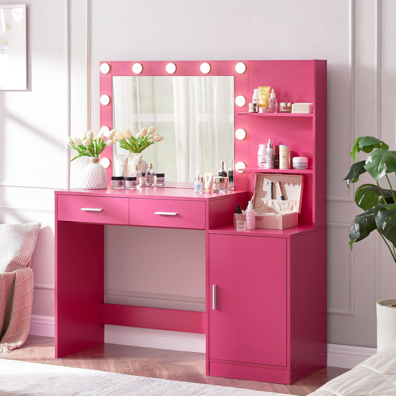 Vanity Desk With Mirror And Lights, 46.4In Dressing Table In Rose Pink, 2 Large Drawers & Mesmerizing Vertical Organizer, 3 Level Dresser, Lighting Modes Adjustable Brightness For Bedroom Pink