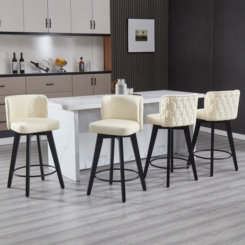 Ensemble de 4 tabourets de bar pivotants, siège en cuir de polyuréthane 27,5 po avec dossier capitonné, pieds en bois massif, chaises de bar à hauteur de comptoir pour îlot de cuisine, salle à manger, café