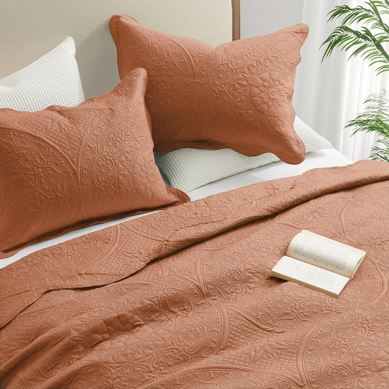 Floral Embossed Quilt Set, Rust, California King Bedspread + 2 Standard Shams