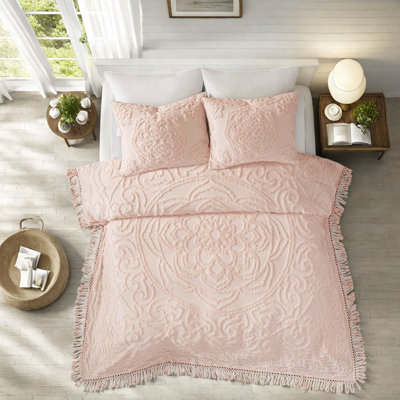 Ensemble de literie en coton de qualité supérieure, médaillon en chenille rosé, confort toutes saisons