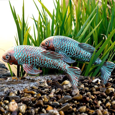 Set Of 2 Antique Koi Fish Statue, Outdoor Garden Sculpture For Patio, Backyard, Pond, And Home Décor