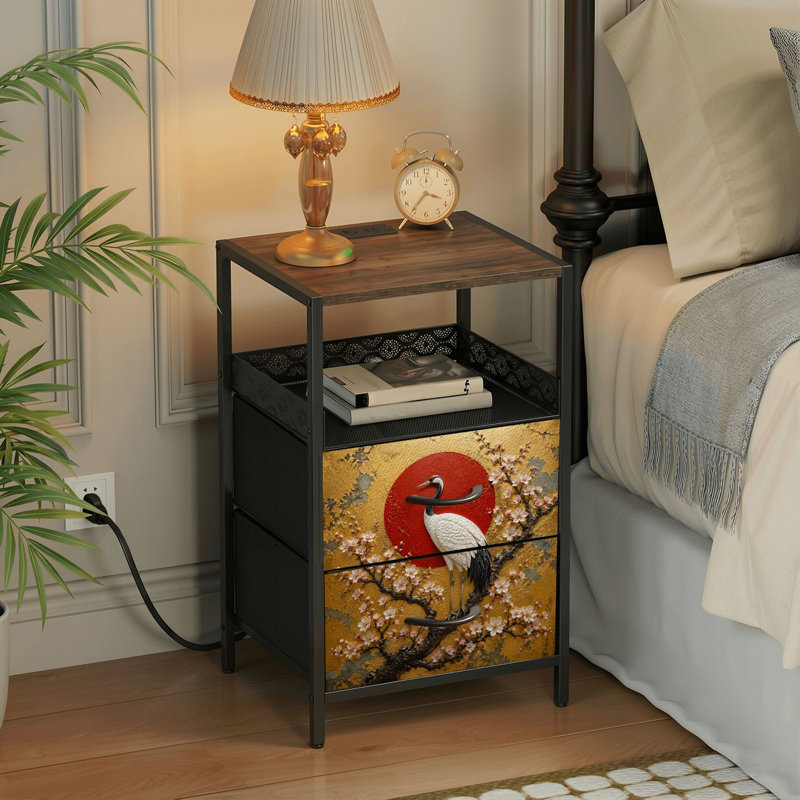 Table de chevet 2 tiroirs avec station de charge, table de chevet pour chambre avec ports USB et amp; Outlets, tablette ouverte noire, table de chevet avec grue, cerisier perché, soleil levant
