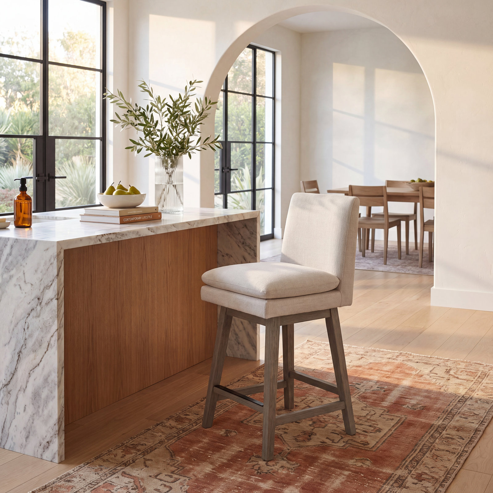 Bethea 27" Swivel Bar Stool, Effie Linen Performance Linen