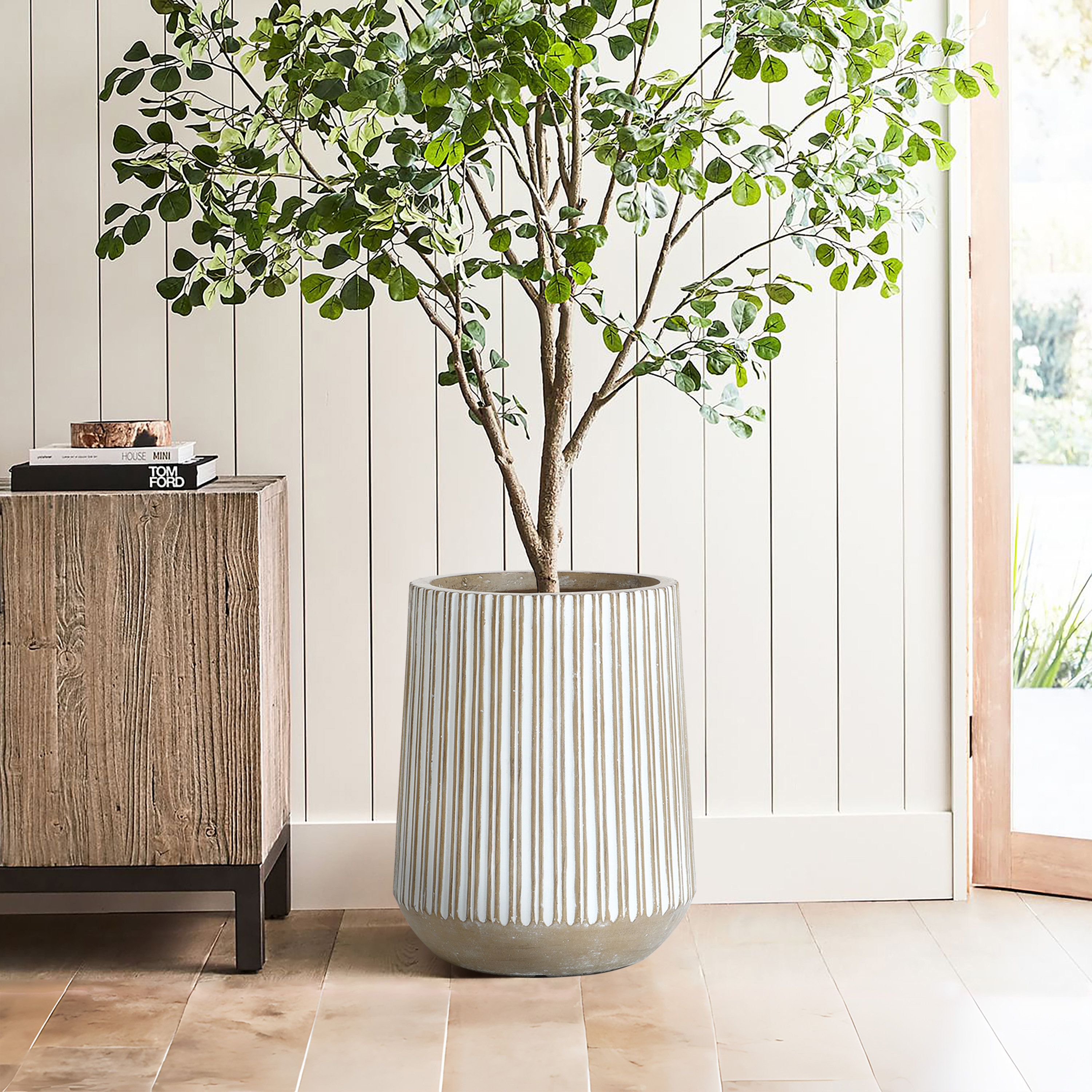 George Oliver Jarmall Round Brown and White Striped Handmade Tall Pot Planter & Reviews | Wayfair