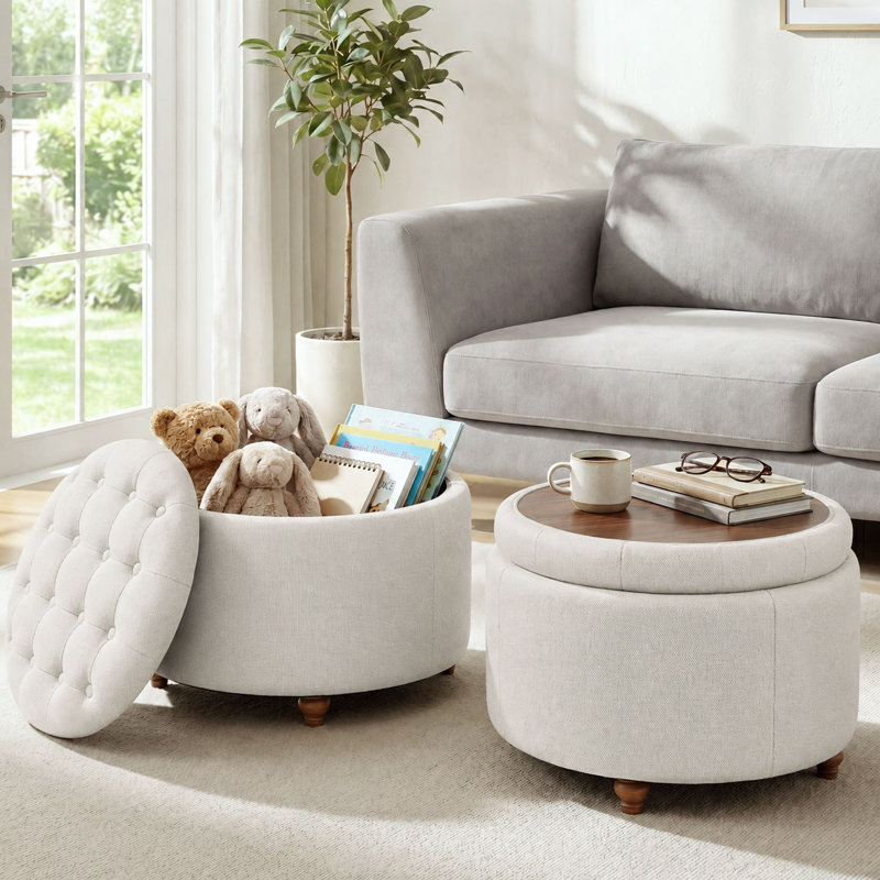 Repose-pieds rembourré avec rangement et coussin capitonné, Beige