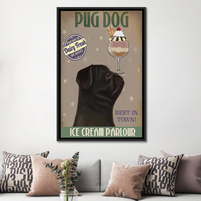 Impression sur toile tendue Fab Funky «Pug Ice Cream», H 26 po x l 18 po x P 1,5 po, Toile avec cadre noir, Pas de tapis