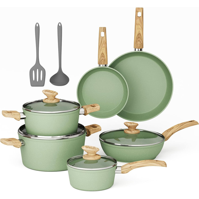 Pots and Pans Set Non Stick, 12 Piece Green Granite Kitchen Cookware Induction Compatible