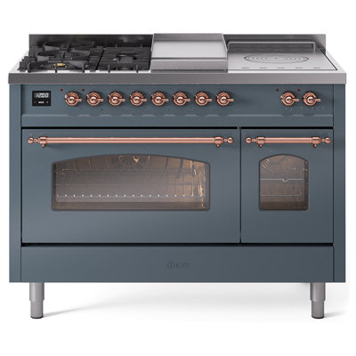 Cuisinière à double combustible de 48 po avec 5 brûleurs scellés, plaque chauffante et porte française ILVE Nostalgie II Series