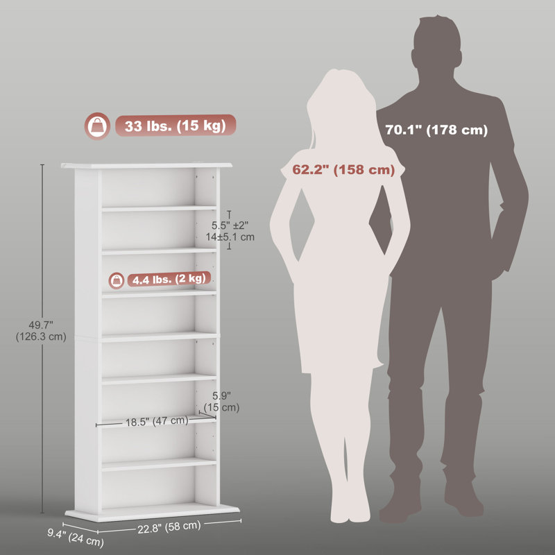 Media Storage Cabinet 8-Tier DVD Shelf with Adjustable Shelves White