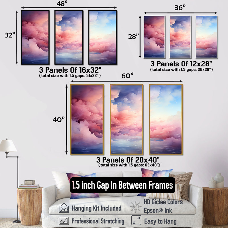 Rose et bleu pastel coloré ciel IV - art mural ciel, H 28 po x l 36 po x P 1 po, Cadre flottant blanc