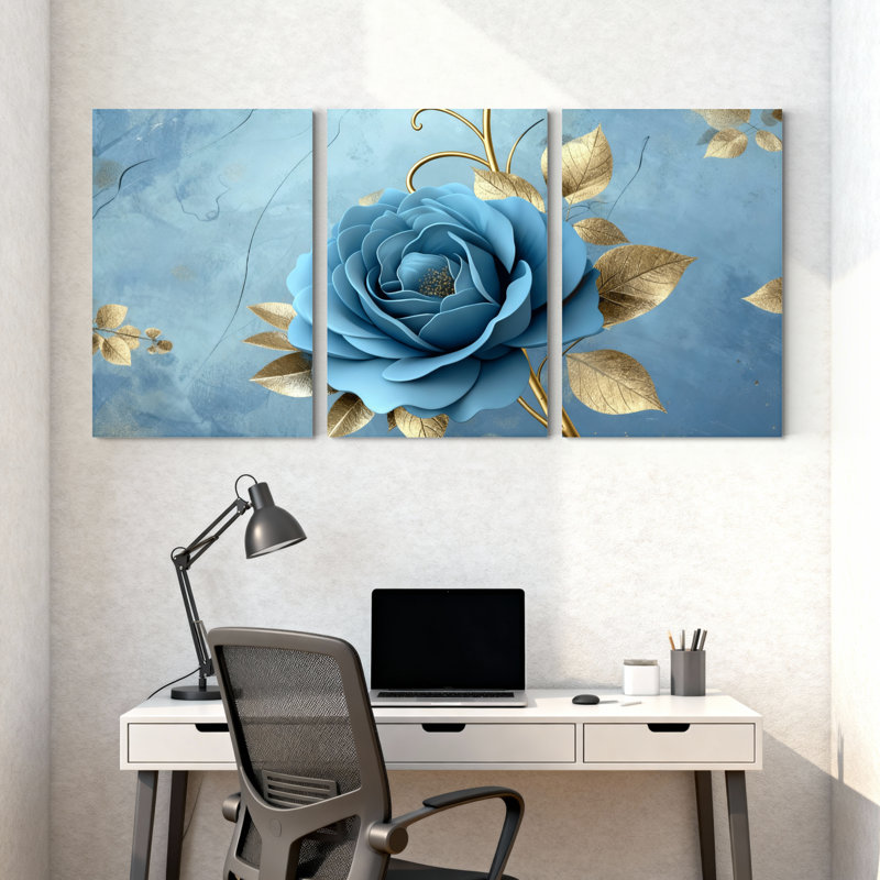 Pivoine, rose bleue avec motif de feuilles d'or, ensemble de 3 impressions sur toile, H 24 po x l 48 po