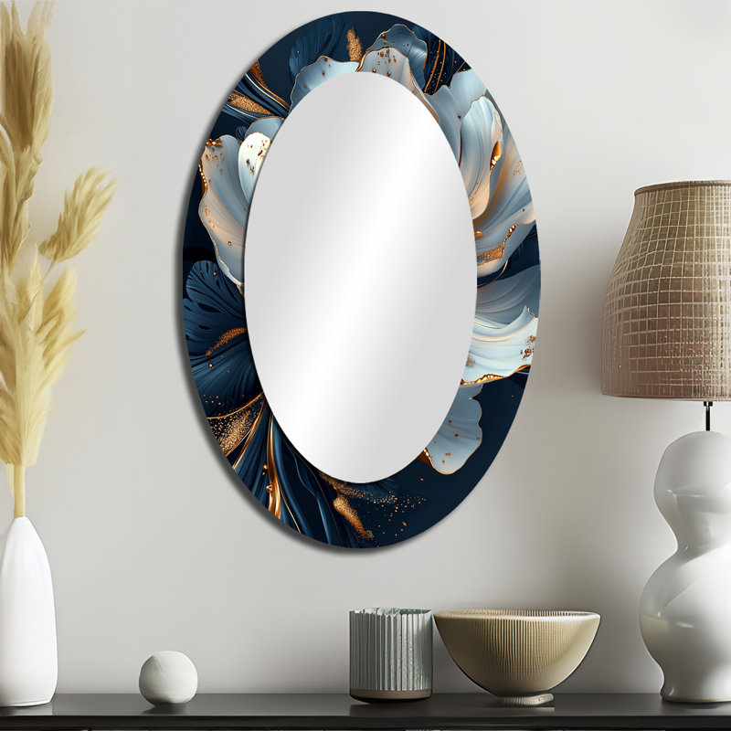 Gold Nd Blue Peony Blooming - Gold Traditional Oval Wall Mirror, 36" x 24"