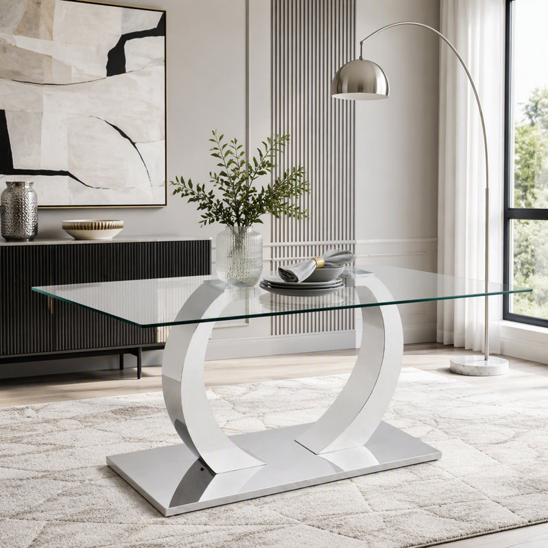 63-Inch Rectangular Tempered Glass Dining Table, Silver+Transparent