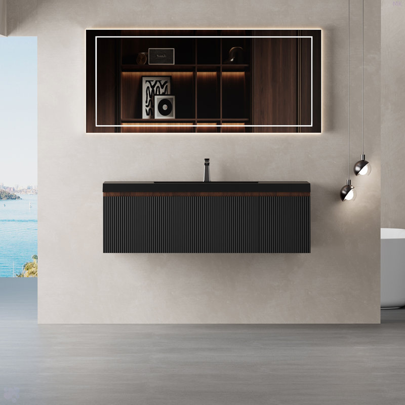 Ensemble de meuble-lavabo mural 48 po avec lavabo et tiroir à fermeture en douceur et lavabo à quartz