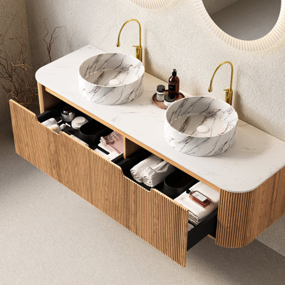 Meuble-lavabo de salle de bain 60 po avec 2 tiroirs, lavabos en céramique blanche, noyer foncé, finition rayée 3D, motif de pierre, glissières de tiroir à fermeture en douceur, facile à installer, rangement pré-assemblé, système, comptoir à moti