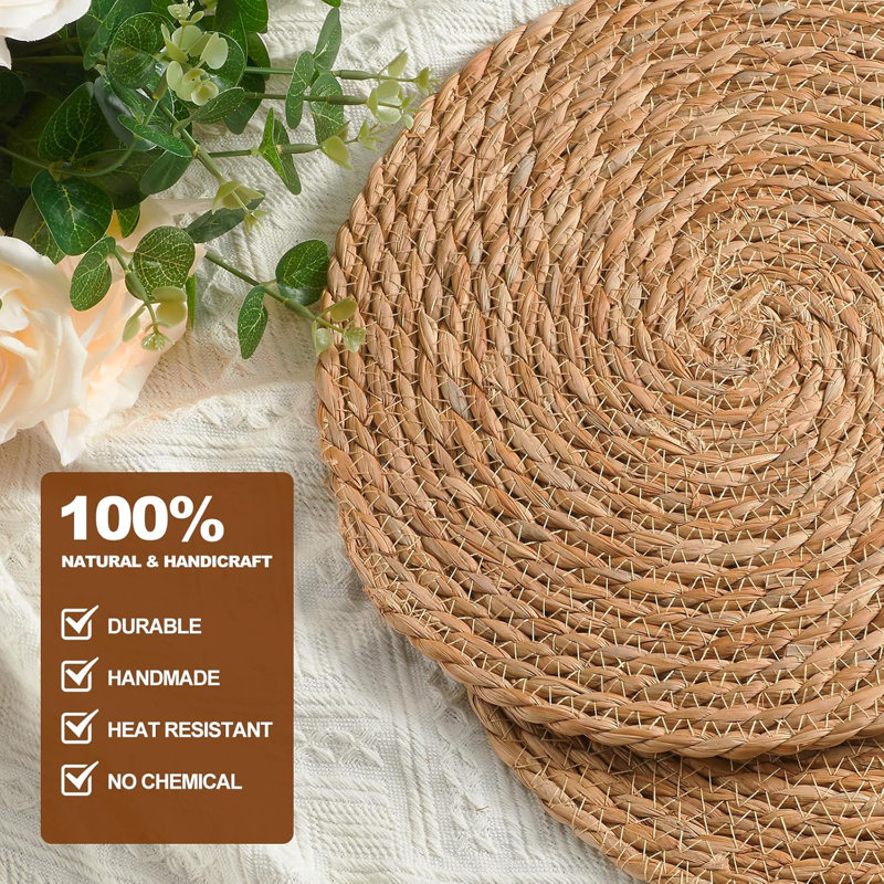 Round Woven Placemats Set Of 6 - Boho Rattan Water Hyacinth Placemats For Dining Table, Farmhouse Rustic Braided Wicker Table Mats For Home And Wedding Decor