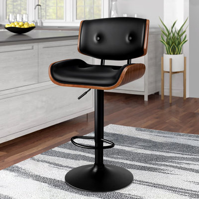 Upholstered Adjustable Height Bar Stool with Solid Wood Frame