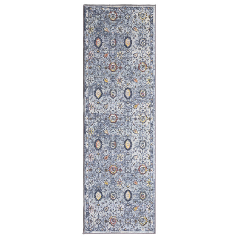 Lyanne Washable Non-Slip Blue Area Rug, Rectangle 2'7" x 9'