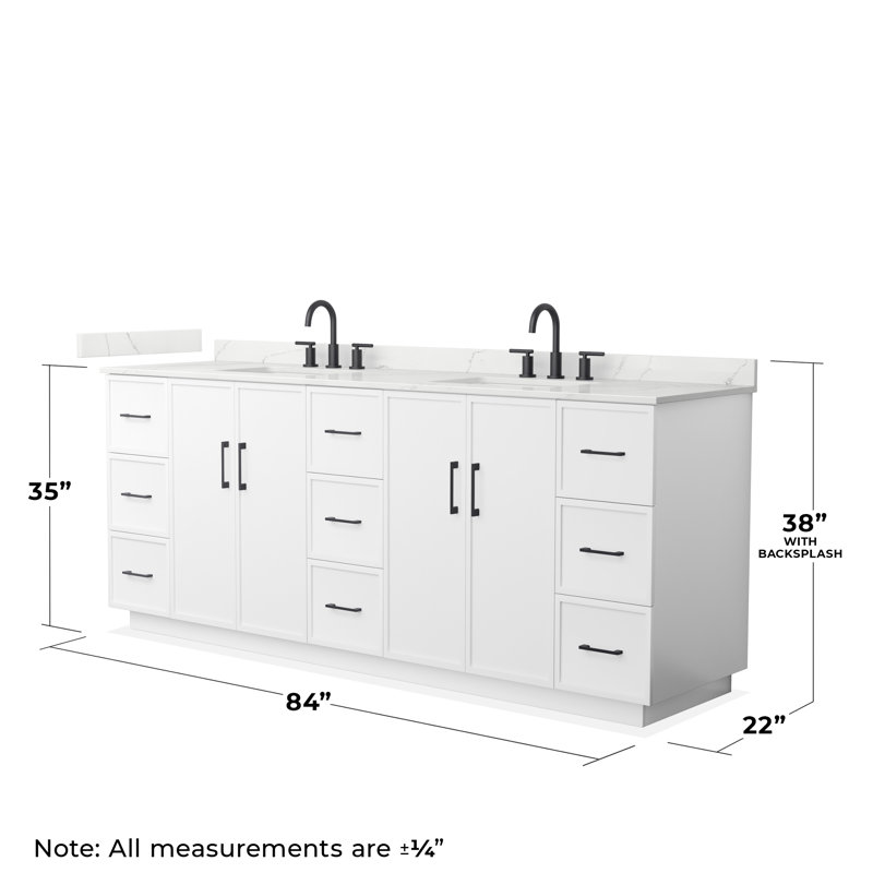 Ensemble de meuble-lavabo double autoportant 84 po avec plateau en quartz Elan TK, Quartz Giotto, Blanc, Noir mat