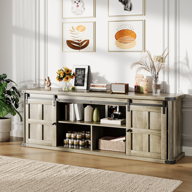 70 in Farmhouse TV Stand for 75 in TVs, Modern Entertainment Center with Sliding Barn Doors, Modern Media TV Console Table, Wood Long TV Stand for Living Room