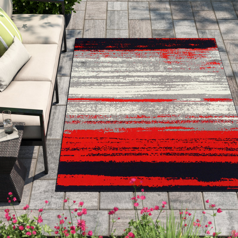 Tapis rouge, noir et gris à motif abstrait pour l'intérieur et l'extérieur Lamas, Rectangle 5 pi x 8 pi