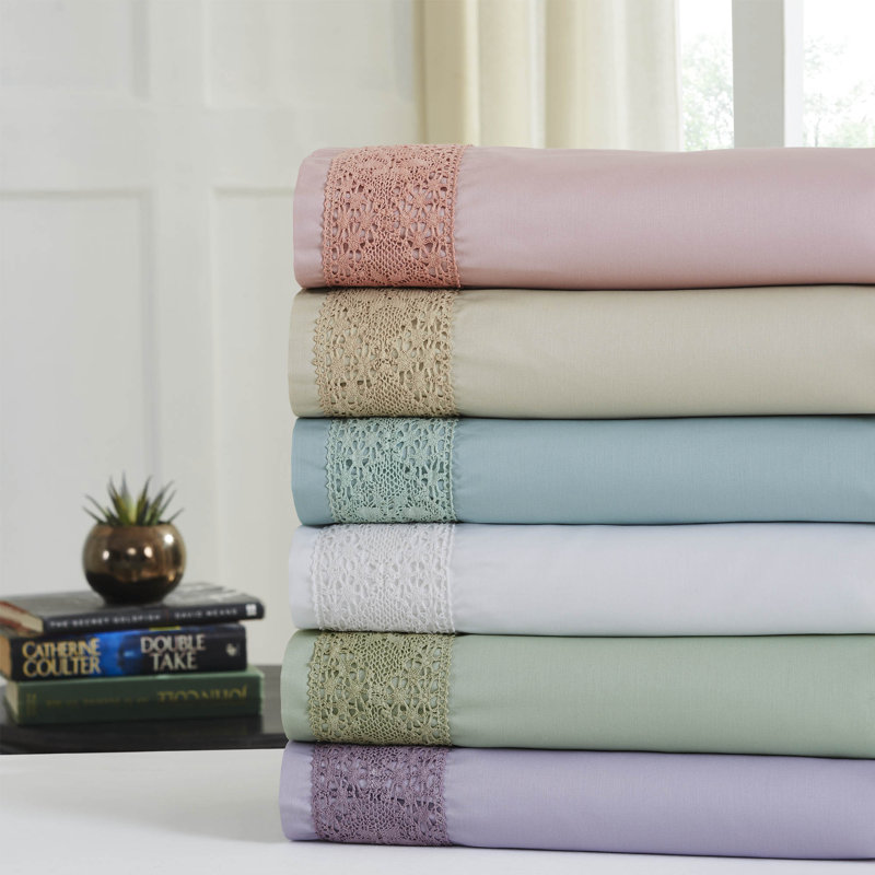 Rich Lace Hem Cotton Blend Sheet Set, Full Sheet + Fitted Sheet + 2 Pillowcases, White