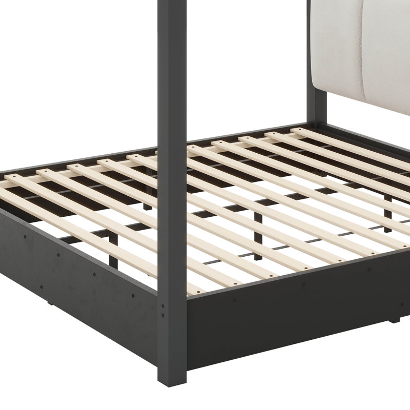 Lit plateforme avec auvent, tête de lit rembourrée et structure en métal, Queen, Black