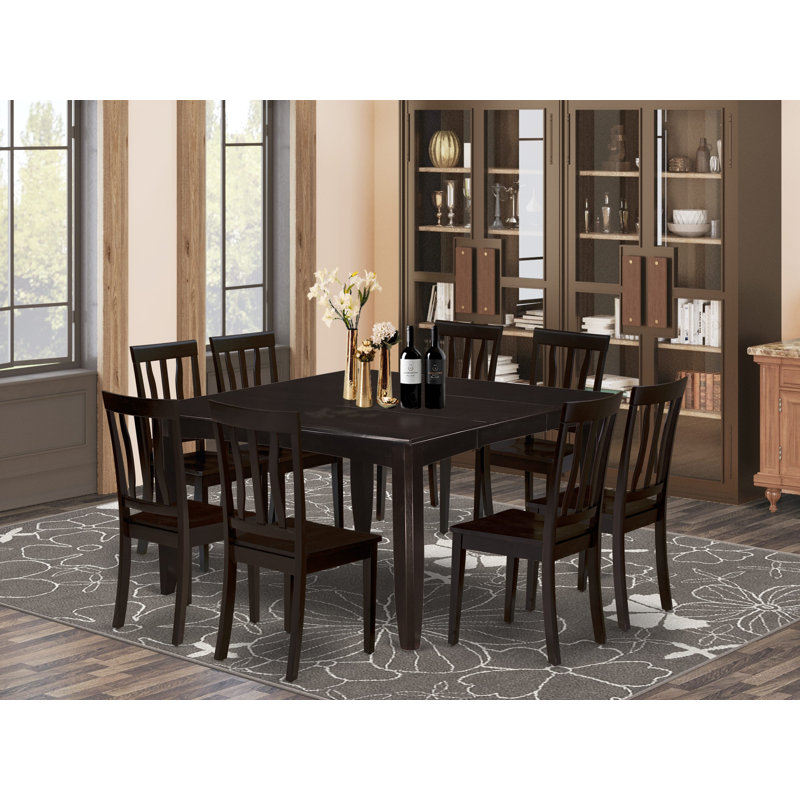 Ensemble de table de salle à manger 9 pièces comprenant une table de cuisine carrée avec rallonge papillon et 8 chaises de salle à manger, 54 x 54 pouces, cappuccino