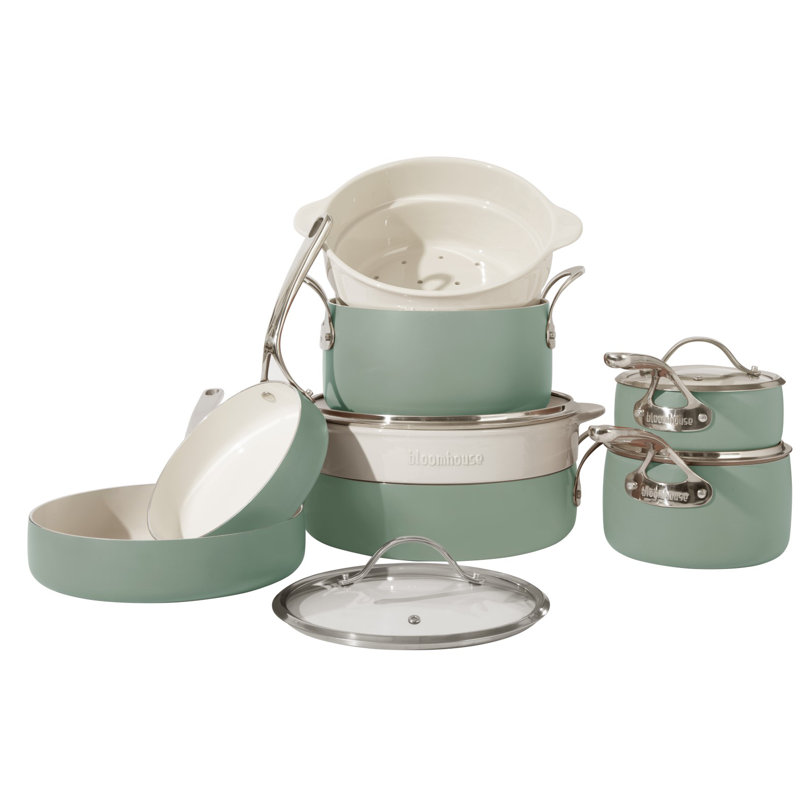 Sage Green 12-Piece Aluminum Non-Stick Cookware Set with Ceramic Steamer Inserts