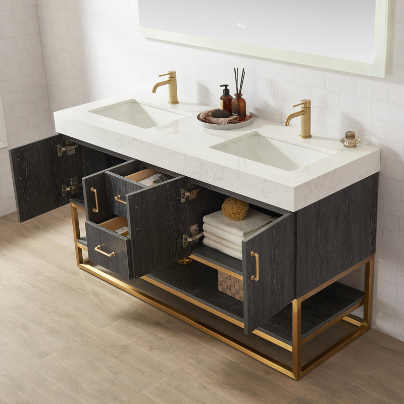 Ensemble de meuble-lavabo double 60 po avec miroir Alistair, Or, Chêne naturel, Blanc