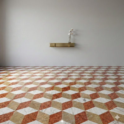 Carreaux de marbre hexagonaux Waterjet dans un mélange tricolore de blanc, d'or et de rouge, fabriqués à partir de marbre naturel véritable poli pour les revêtements de sol et de mur, 12 carreaux par boîte.