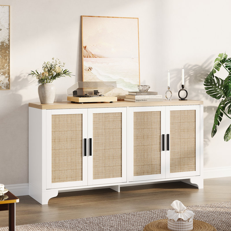Buffet 62,5 x 15,75 x 31,50 po en bois d'ingénierie en rotin avec porte magnétique à 4 compartiments et console de télévision