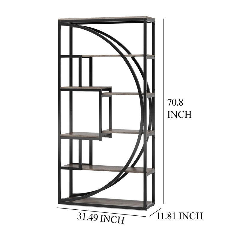 Modern Bookcase, 5 Tier Geometric Display Shelves, 71 Inch Black Metal
