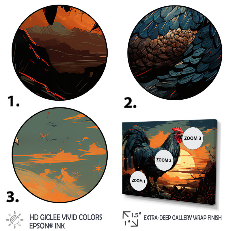 «Sunset Roosters Farmyard II», art mural coq, Cadre d'angle fermé noir, H 34 po x l 44 po x P 1,5 po