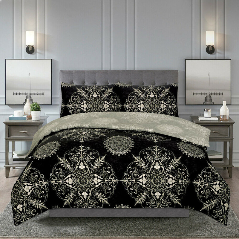 Saxon Damask Duvet Cover Set with Pillowcases, Black, Double - 2 Standard Pillowcases