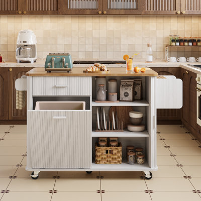 Îlot de cuisine en bois massif 56 po, îlot de cuisine roulant avec armoire à poubelle, grands tiroirs, armoire de rangement et roulettes verrouillables pour la cuisine, la salle à manger