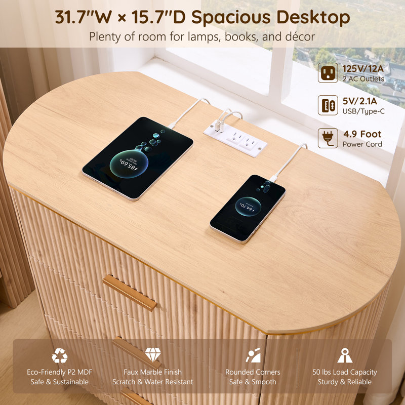 Fluted 3 Drawers Nightstand With Charging Station, 31.7"W  Bedside Table With Curved Profile Design, End Table Storage With Usb Ports For Bedroom, Living Room, Gold Metal Handle,Light Oak