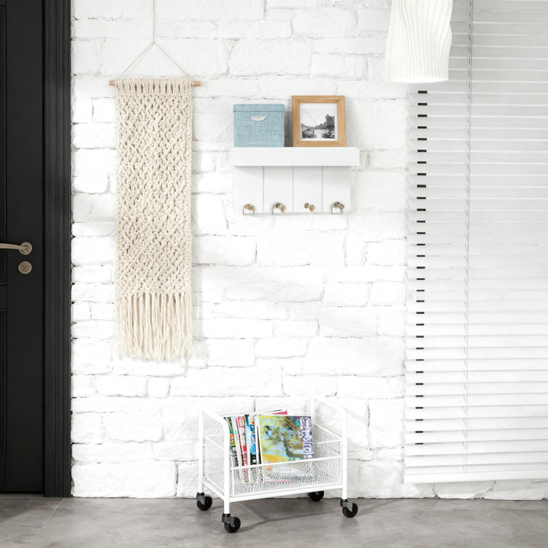 Porte-clés mural avec tablette et 4 crochets, organisateur décoratif compact pour clés, courrier et articles essentiels, décor de maison de campagne moderne