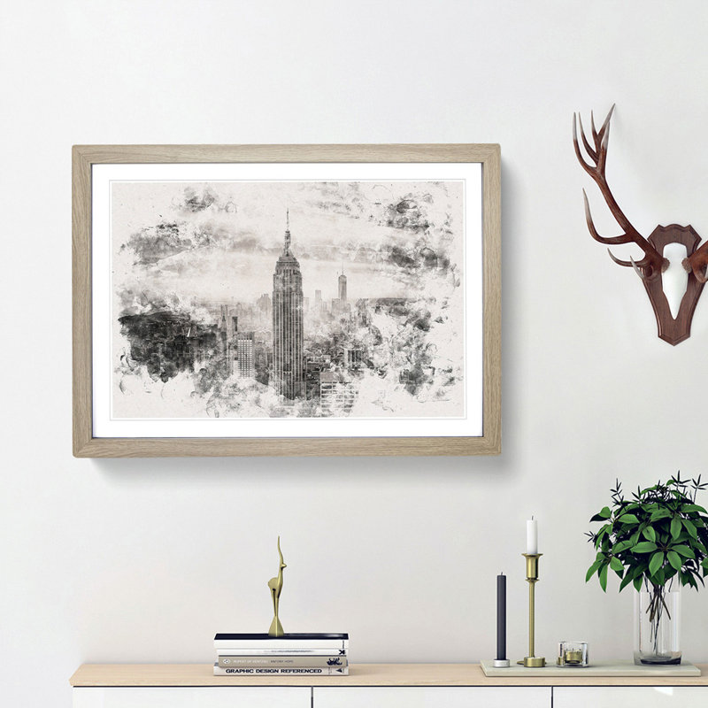 New York Skyline - Picture Frame Graphic Art Print, Oak Framed, 62cm H x 87cm W x 2cm D