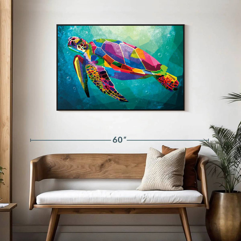 Tortue arc-en-ciel géométrique, Cadre flottant noir, 43 po x 29 po