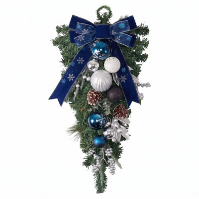  Ornement en forme de goutte de Noël pré-éclairé pour l'extérieur, décoration de boîte aux lettres bleue argentée de 24 pouces avec 20 lumières DEL, ornements en forme de boule pour porte de fenêtre d'escalier de porte d'entrée, décoration de 