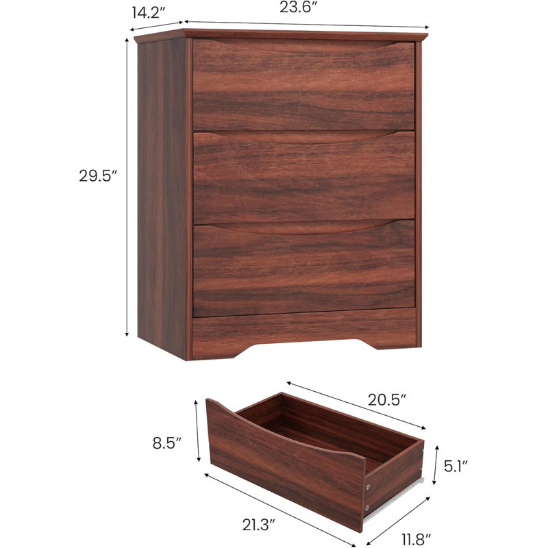 Commode 3 tiroirs en bois pour chambre à coucher, commode haute avec plateau large, noyer rouge, Brun