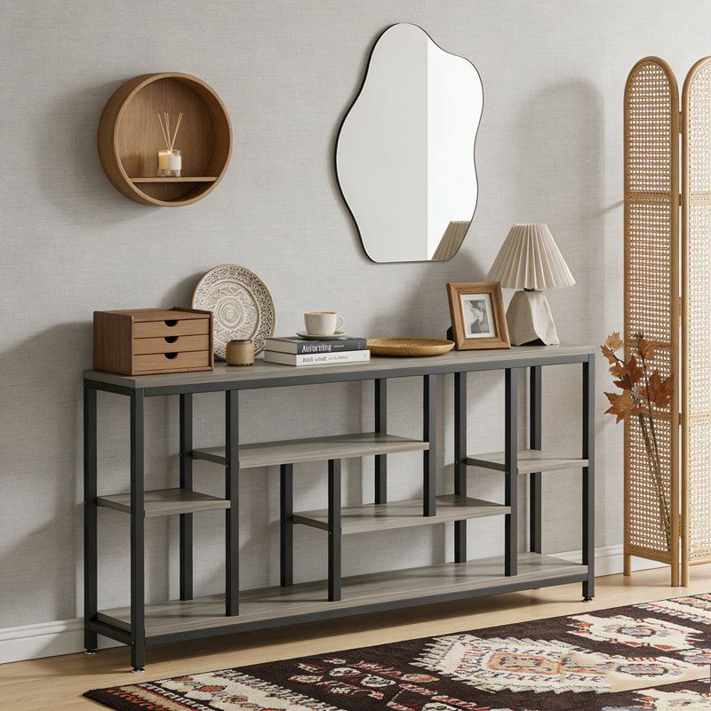 Entryway Sofa Table with Storage Shelves, Gray & Black