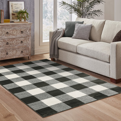 Gingham Machine Woven Polypropylene Area Rug in Charcoal/Off-white